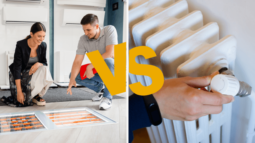 An underfloor heating installer showing how it works opposite an old radiator