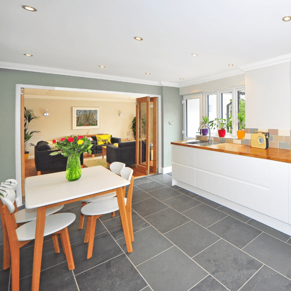 A living space with underfloor heating for tiles floors