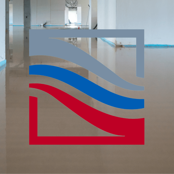 Flowing screed association logo overlaid on a photo of liquid screed