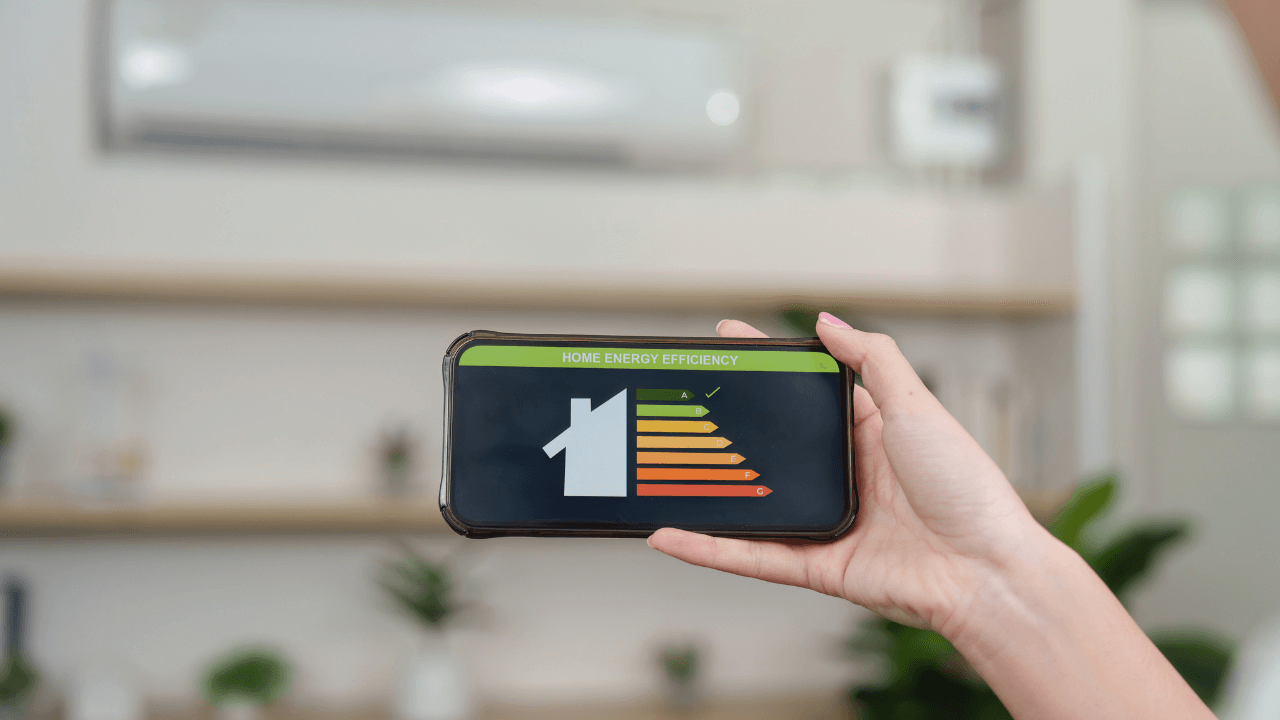 A phone with an energy efficient heating rating displayed on it