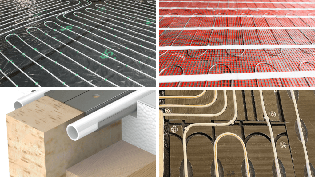 Underfloor heating in standard profile, electric, between joist, and low profile configurations